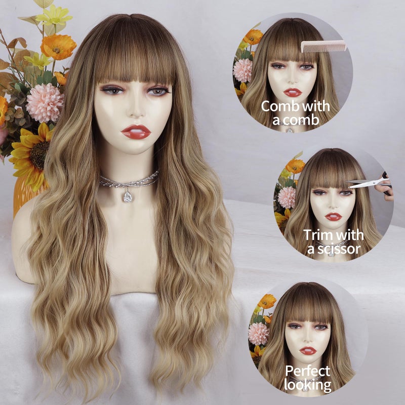 Lativ Blonde Wig With Bangs Long Wavy Curly Ombre Wig with Dark Root Synthetic Heat Resistant Wigs for Women Daily Party Use 26 Inches - Image 3