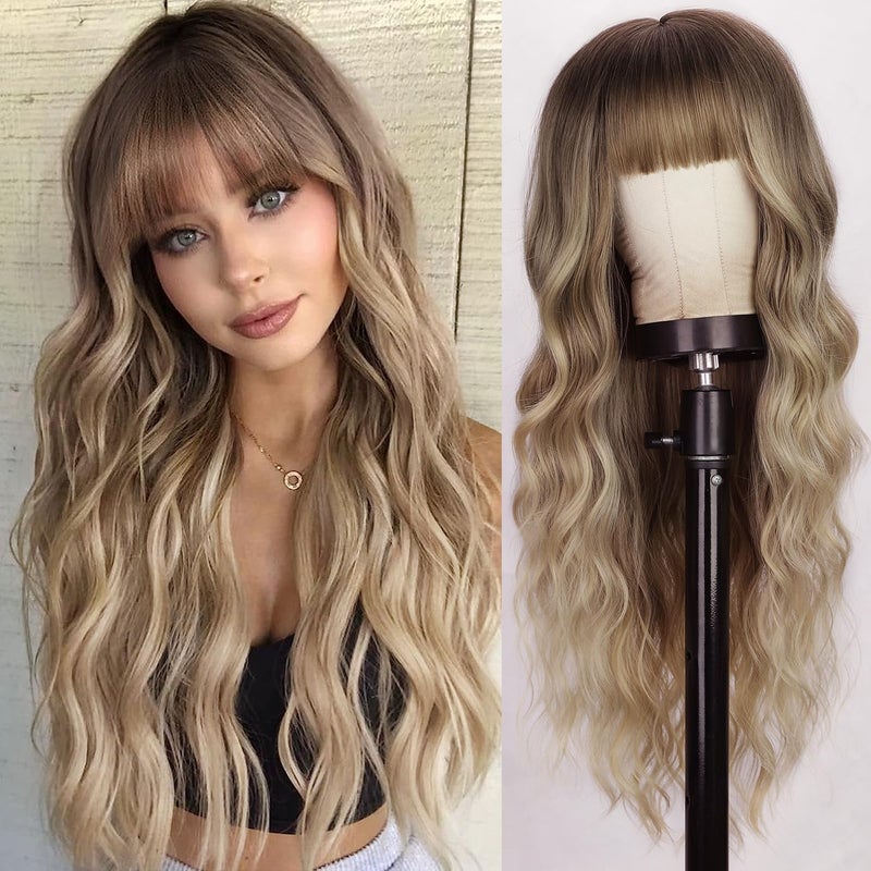 Lativ Blonde Wig With Bangs Long Wavy Curly Ombre Wig with Dark Root Synthetic Heat Resistant Wigs for Women Daily Party Use 26 Inches - Image 1