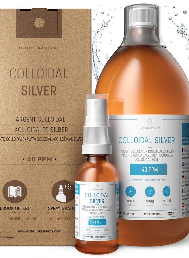 Premium Colloidal Silver 40ppm 34 fl oz ● Optimal Concentration Formula, Smaller Particles, Better Results ● Laboratory Certified ● Liquid Silver Made in EU ● Free Spray Bottle to Fill & Ebook