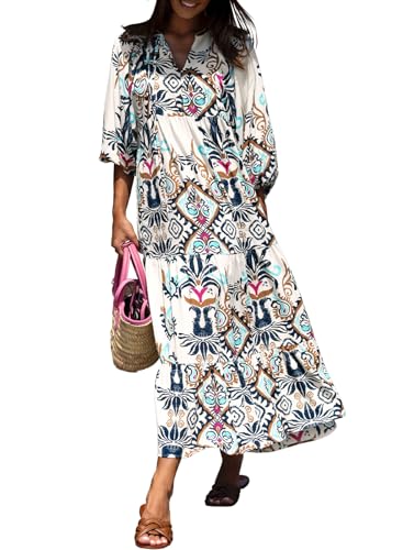 miduo Womens 2025 Maxi Dress Short Sleeve V Neck Summer Casual Beach Bohemian Boho Sundress Long Maxi Dresses M - Image 1