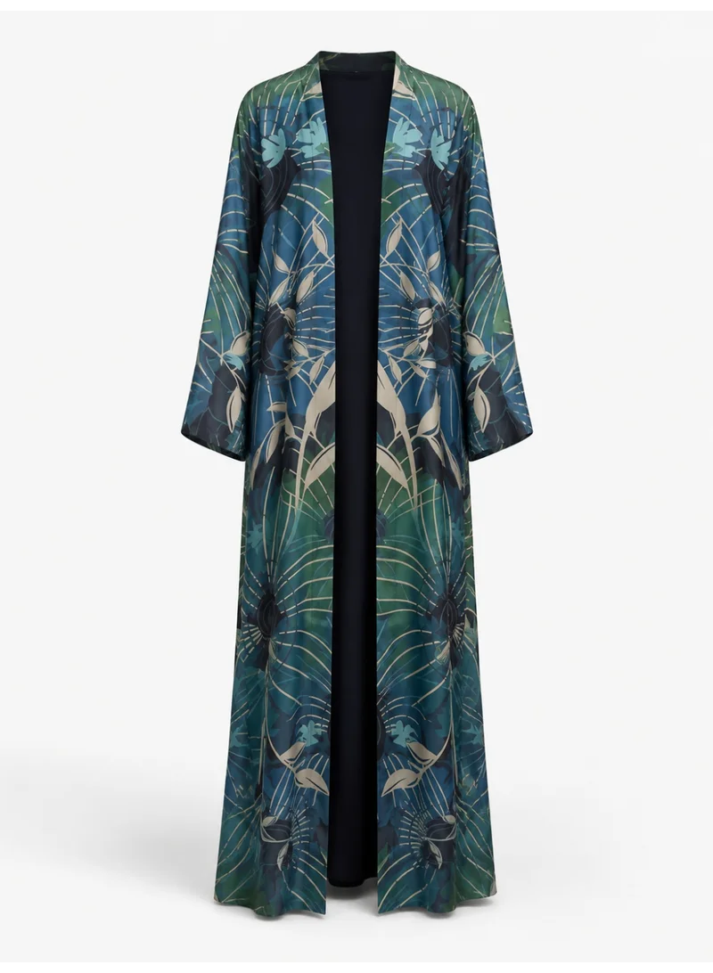 Amnad International Luxury Printed Silk-Look Abaya for Women with Matching Hijab, Abstract Botanical Design, Blue & Emerald, Sizes 52-60 inches