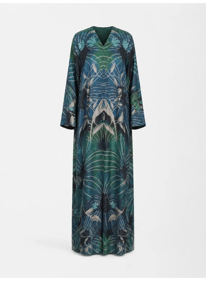 Amnad International Luxury Printed Silk-Look Abaya for Women with Matching Hijab, Abstract Botanical Design, Blue & Emerald, Sizes 52-60 inches