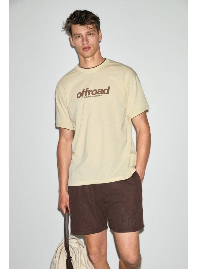 GRIMELANGE ROUGH Men's 100% Organic Cotton Contrast Yoke Printed Detailed Regular Fit Yellow T-Shirt. - Image 1