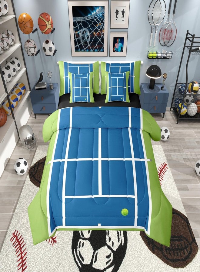 Man Fei Manfei Tennis Court Bed Set in a Bag 7 Pcs,US Tennis Competition Sports Game Field Bedding Set,Geometric Stripes Patchwork Blue Green Comforter with Fitted,Flat Sheet,Pillowcase,Pillow Covers,Twin - Image 1