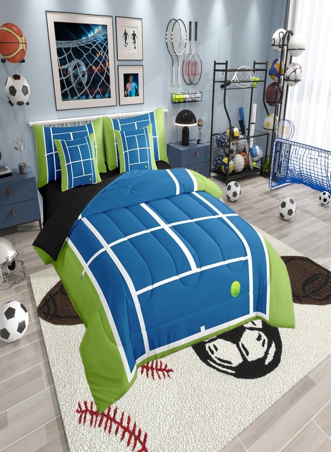 Man Fei Manfei Tennis Court Bed Set in a Bag 7 Pcs,US Tennis Competition Sports Game Field Bedding Set,Geometric Stripes Patchwork Blue Green Comforter with Fitted,Flat Sheet,Pillowcase,Pillow Covers,Twin - Image 2