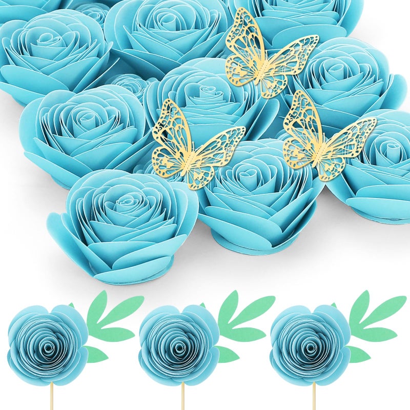 Mverse Mverse Light Blue Roses Artificial Flowers  Mini Paper Flower Crafts DIY Gift Decorations for Custom Shadow Box Frame  Graduation Cap  Cake Topper (18 Pieces  Light Blue)  - Image 1