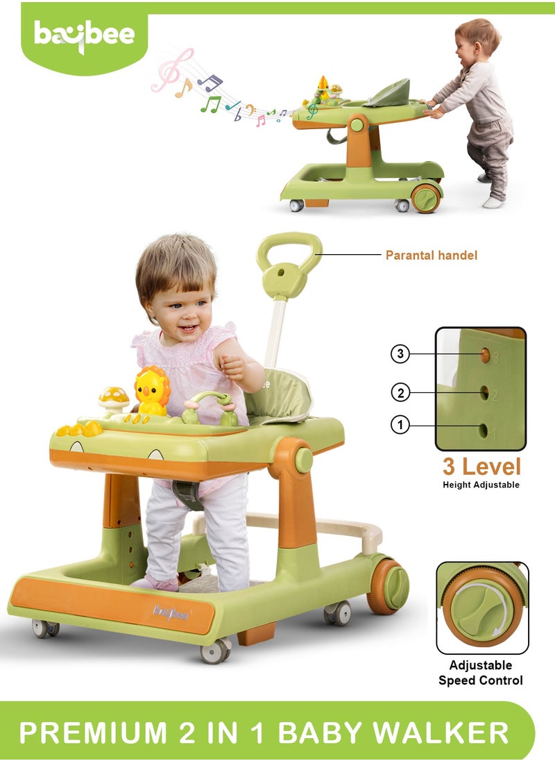 BAYBEE 3 In 1 Zeni Baby Activity Kids Walker With Parental Push Handle And 3 Height Adjustable, Tray And Musical Toy Bar, 6 - 18 Months, Boy/Girl, Green  - Image 1