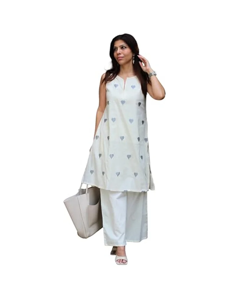 Gosriki GoSriKi Women's Cotton Blend Embroidered Straight Kurta with Palazzo for Women