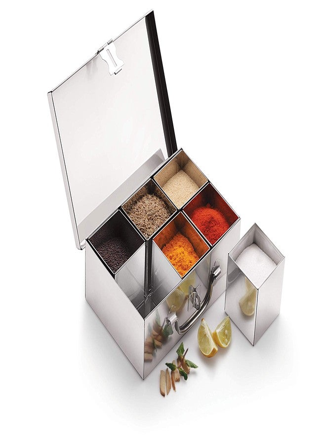 Komal Stainless Steel Masala box for Kitchen | Spice Box | Spice Organiser | Masala Daani | Sqaure Masala Dabba with 6 Containers| Silver - Image 1
