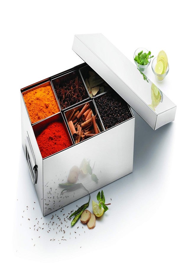 Komal Stainless Steel Masala box for Kitchen | Spice Box | Spice Organiser | Masala Daani | Sqaure Masala Dabba with 6 Containers| Silver - Image 3