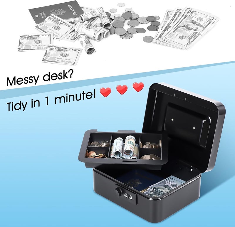 KYODOLED Cash Box with Combination Lock Safe Metal Money Box with Money Tray for Security Lock Box 7.87"x 6.30"x 3.35" Black - Image 3