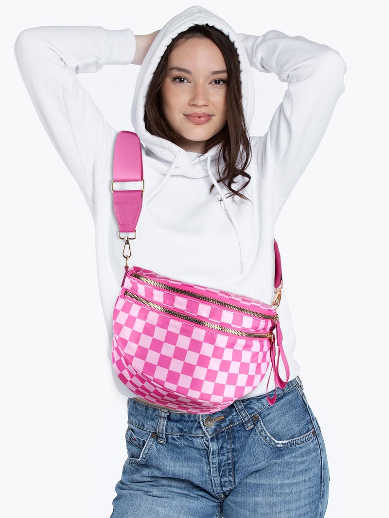 NIDOOT Checkered Crossbody Bum Bags for Women Nylon Checkered Purse Fanny Packs Sling Cross Body Bag with Adjustable Strap(Rose Pink) - Image 2