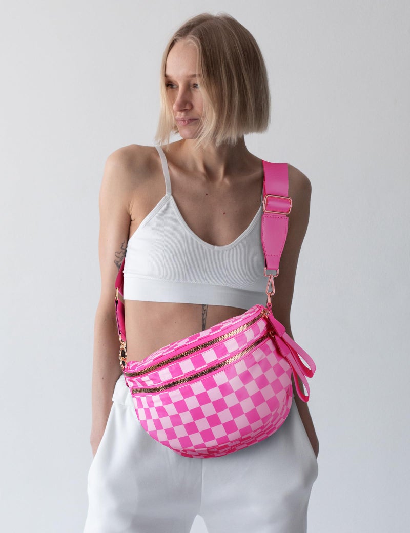 NIDOOT Checkered Crossbody Bum Bags for Women Nylon Checkered Purse Fanny Packs Sling Cross Body Bag with Adjustable Strap(Rose Pink) - Image 3