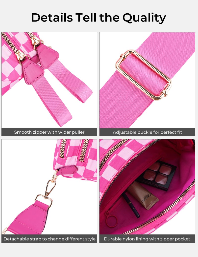 NIDOOT Checkered Crossbody Bum Bags for Women Nylon Checkered Purse Fanny Packs Sling Cross Body Bag with Adjustable Strap(Rose Pink) - Image 5