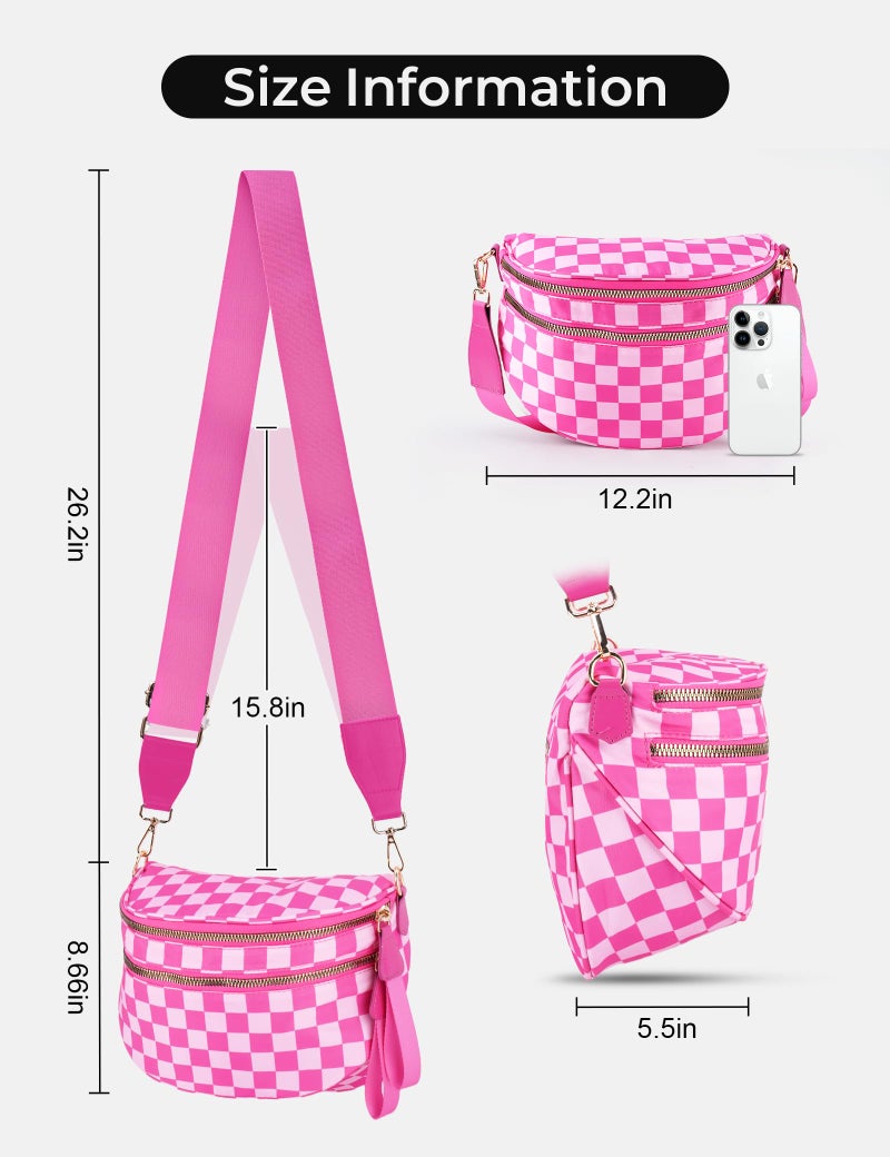 NIDOOT Checkered Crossbody Bum Bags for Women Nylon Checkered Purse Fanny Packs Sling Cross Body Bag with Adjustable Strap(Rose Pink) - Image 4
