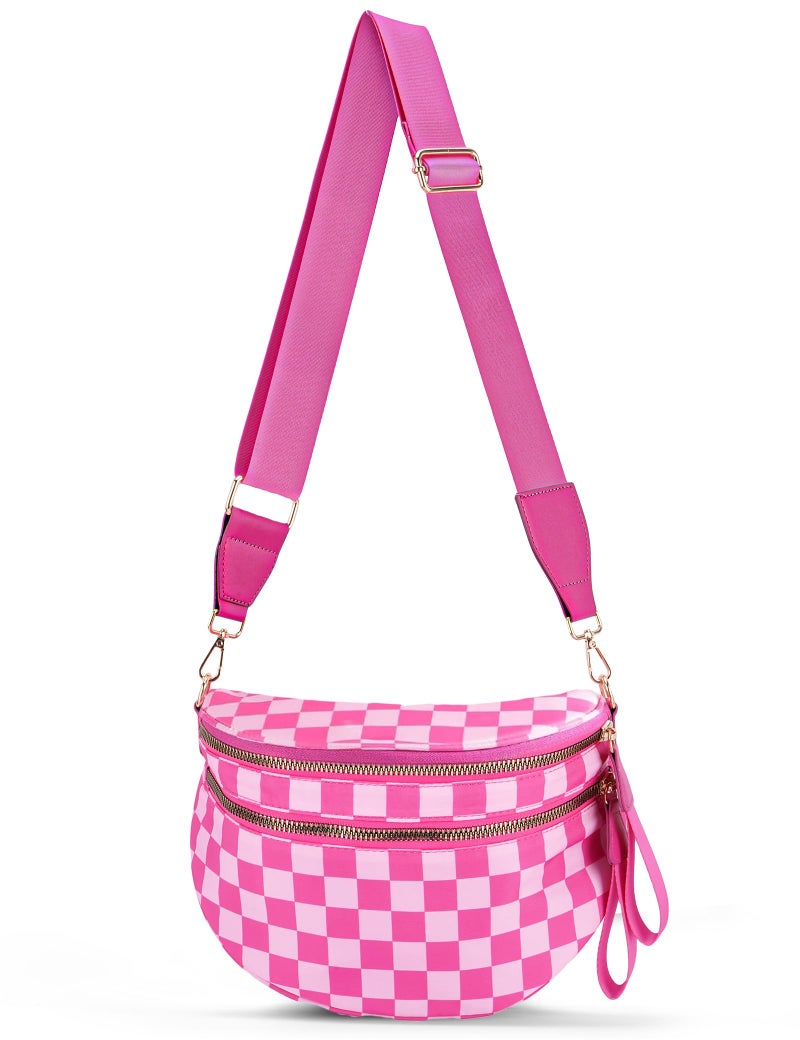 NIDOOT Checkered Crossbody Bum Bags for Women Nylon Checkered Purse Fanny Packs Sling Cross Body Bag with Adjustable Strap(Rose Pink) - Image 1