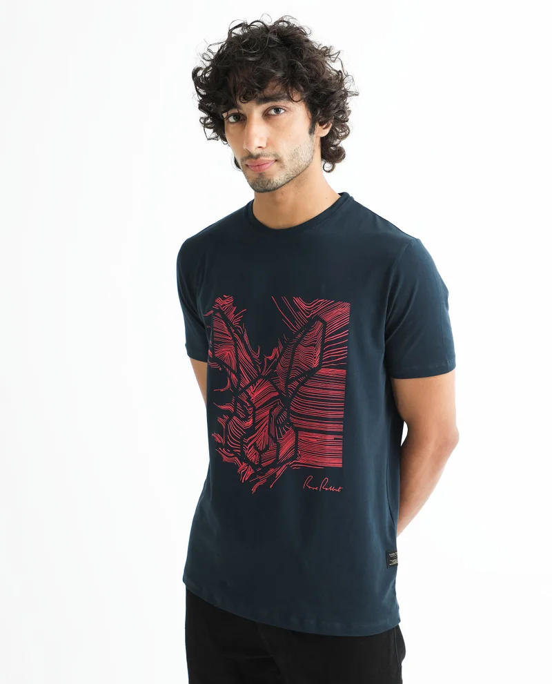Rare Rabbit Rare Rabbit Men's Digiwaves 2 Navy Crew Neck Logo Printed Half Sleeves Slim Fit T-Shirt