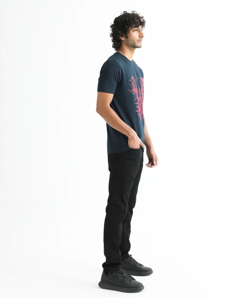 Rare Rabbit Rare Rabbit Men's Digiwaves 2 Navy Crew Neck Logo Printed Half Sleeves Slim Fit T-Shirt