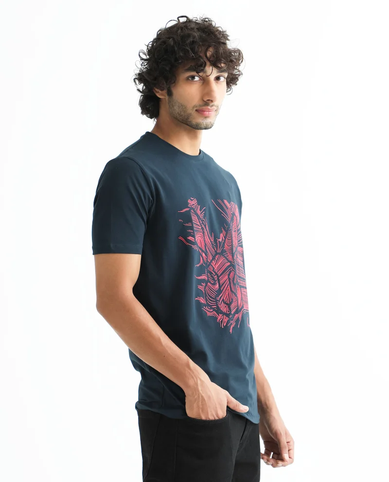 Rare Rabbit Rare Rabbit Men's Digiwaves 2 Navy Crew Neck Logo Printed Half Sleeves Slim Fit T-Shirt