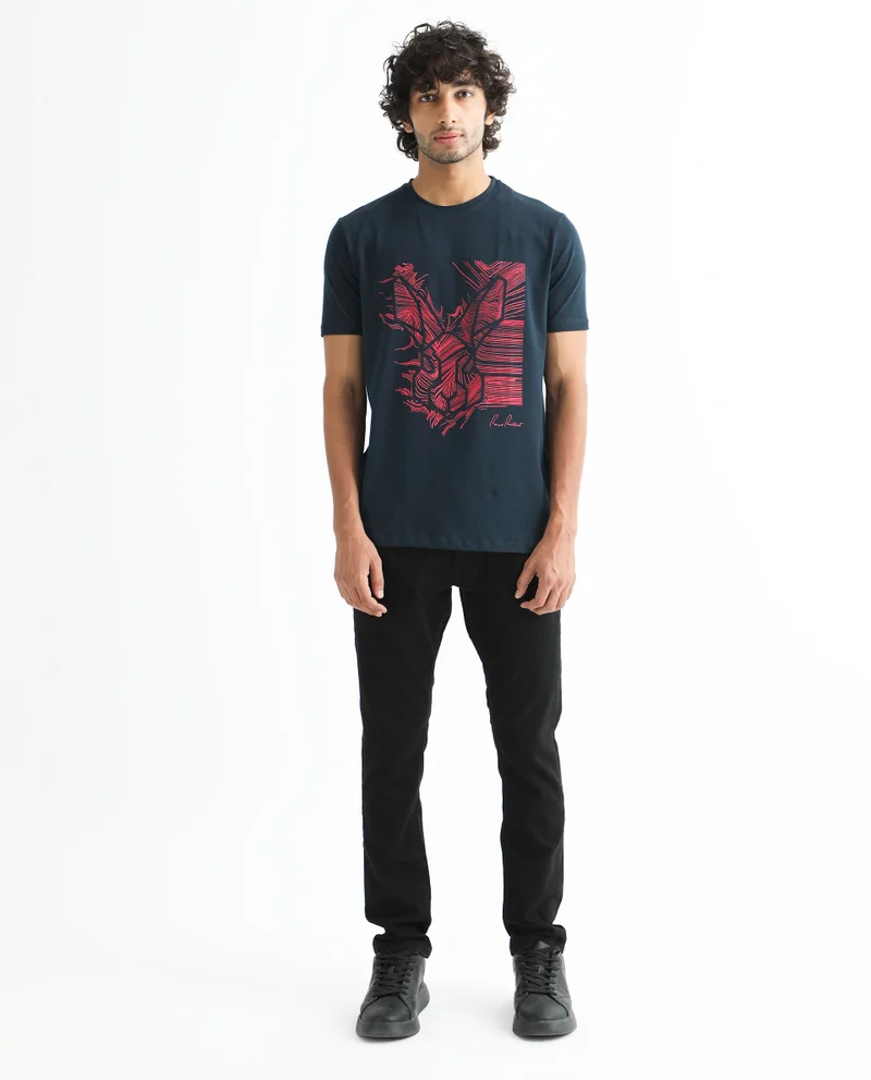 Rare Rabbit Rare Rabbit Men's Digiwaves 2 Navy Crew Neck Logo Printed Half Sleeves Slim Fit T-Shirt