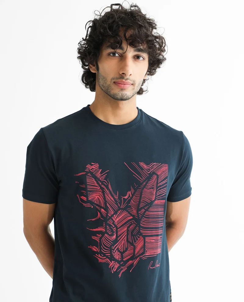 Rare Rabbit Rare Rabbit Men's Digiwaves 2 Navy Crew Neck Logo Printed Half Sleeves Slim Fit T-Shirt