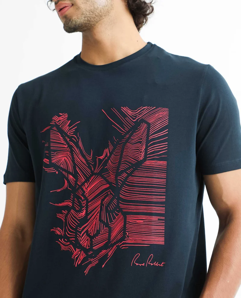Rare Rabbit Rare Rabbit Men's Digiwaves 2 Navy Crew Neck Logo Printed Half Sleeves Slim Fit T-Shirt