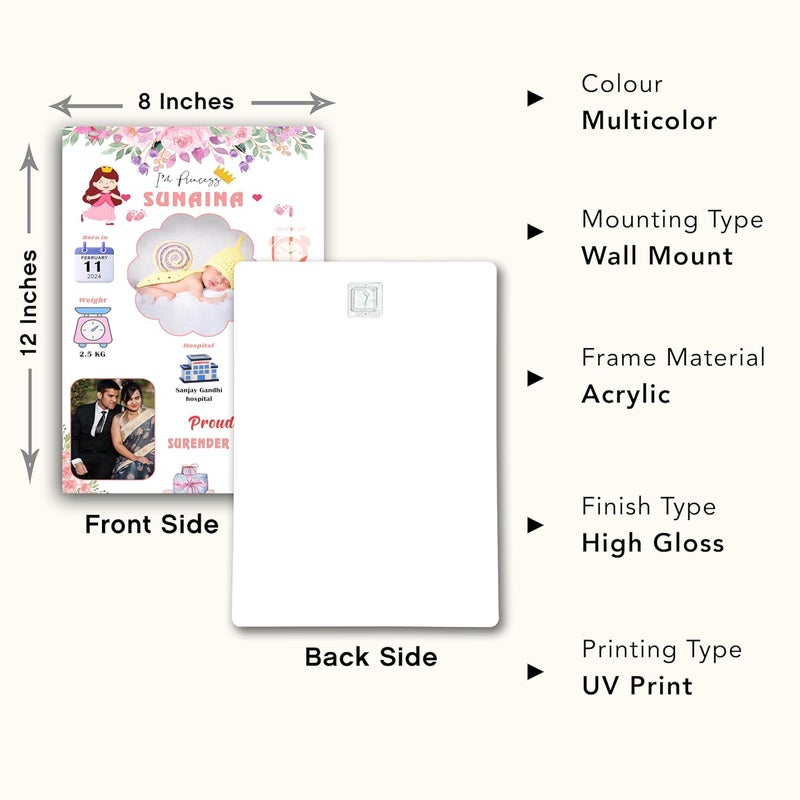 DECOCRU Acrylic Baby Birth Details Photo Frame | New Born Baby Gift | Birthday Gift, Personalised Gift, New Baby Print (12x8 Inchs) Transparent - Image 4