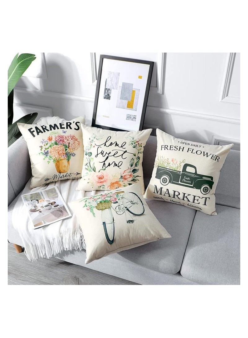 كابتن تيك Decorative Throw Pillow Covers Pack of 4, Waterproof Cushion Covers, Perfect to Outdoor Patio Garden Living Room Sofa Farmhouse Decor (18x18 Inches) (Tulip Farm Cycling Flowers) - Image 2