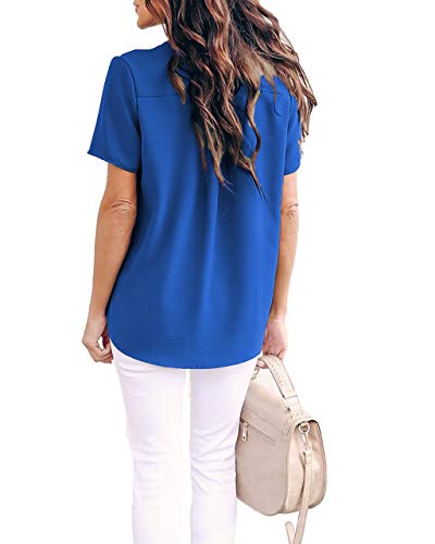 Allimy Women's Summer Dressy Chiffon Blouses V Neck Short Sleeve Tunic Tops for Leggings Blue 2X - Image 4