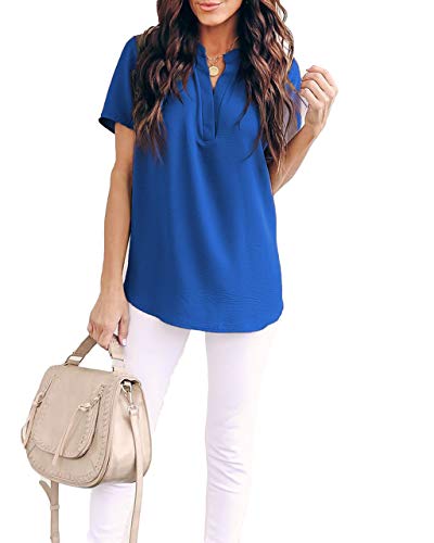 Allimy Women's Summer Dressy Chiffon Blouses V Neck Short Sleeve Tunic Tops for Leggings Blue 2X - Image 3