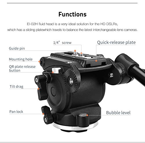 E-Image EI-02H Fluid Drag Head | 75mm Flat Base with 360° Rotation, -65°/+90° Pitch Angle for Video Camera, DSLR Camera | Payload 5kg,Black - Image 4