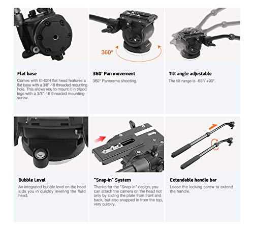 E-Image EI-02H Fluid Drag Head | 75mm Flat Base with 360° Rotation, -65°/+90° Pitch Angle for Video Camera, DSLR Camera | Payload 5kg,Black - Image 3