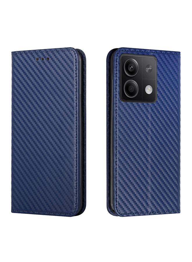 جراب هاتف Xiaomi Redmi Note 13 5G مصنوع من ألياف الكربون مع حامل جلدي (أزرق)