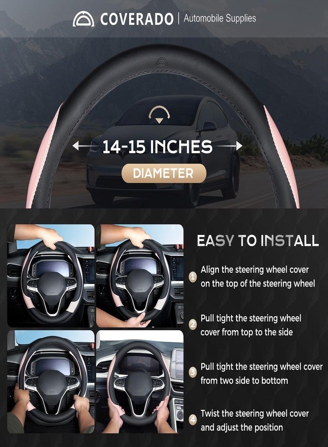 Coverado Car Steering Wheel Cover, Nappa Leather Black & Pink Steering Wheel Covers for Women, Universal 14-15 inch, Anti-Slip, Breathable Steering Wheel Protector - Image 5