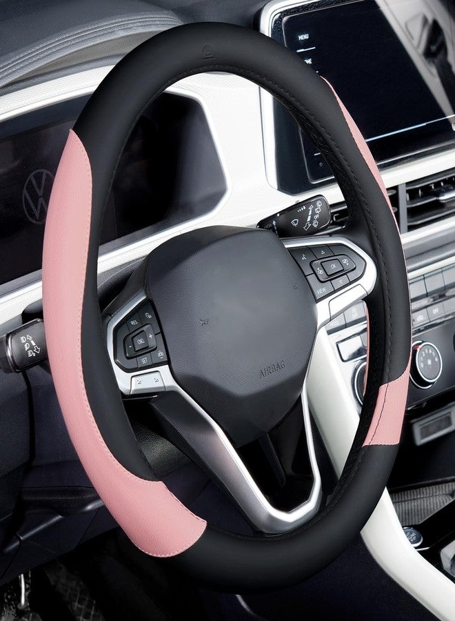 Coverado Car Steering Wheel Cover, Nappa Leather Black & Pink Steering Wheel Covers for Women, Universal 14-15 inch, Anti-Slip, Breathable Steering Wheel Protector - Image 1