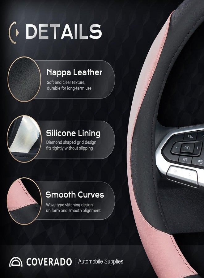 Coverado Car Steering Wheel Cover, Nappa Leather Black & Pink Steering Wheel Covers for Women, Universal 14-15 inch, Anti-Slip, Breathable Steering Wheel Protector - Image 2