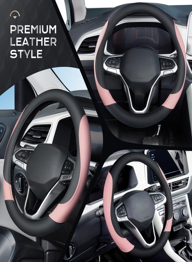 Coverado Car Steering Wheel Cover, Nappa Leather Black & Pink Steering Wheel Covers for Women, Universal 14-15 inch, Anti-Slip, Breathable Steering Wheel Protector - Image 4