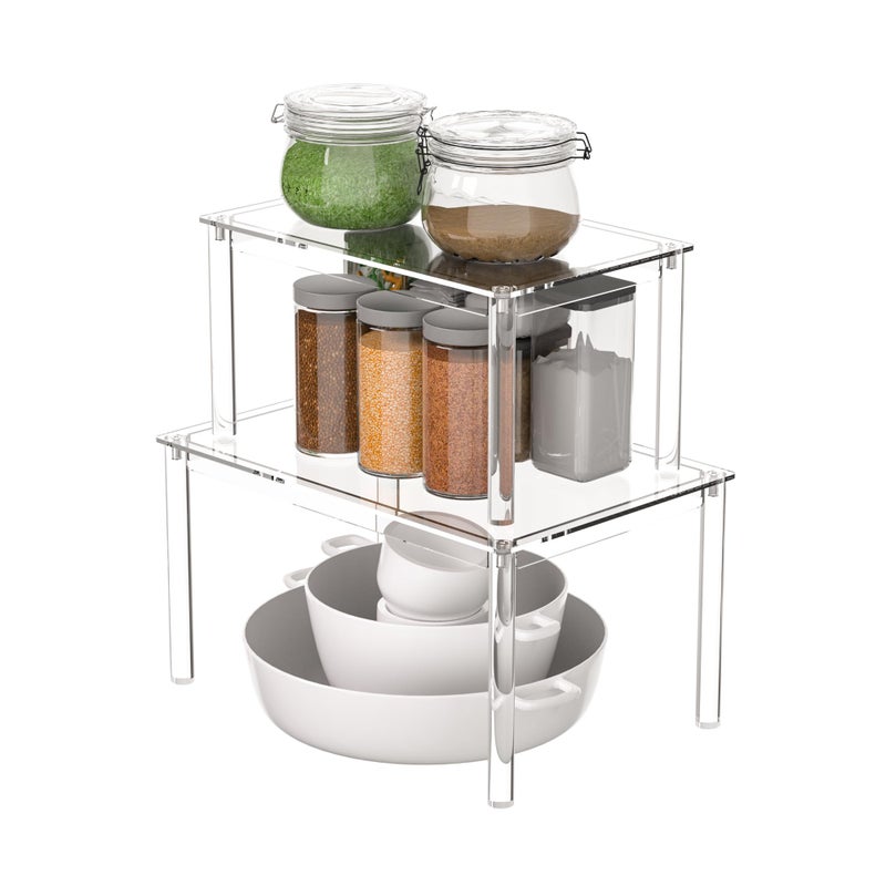 Sezanrpt Acrylic Cabinet Organizer Shelf Set of 2, Clear Kitchen Counter Shelves Spice Rack, Pantry Kitchen Storage, Stackable, Expandable, Moisture Resistant - Image 1