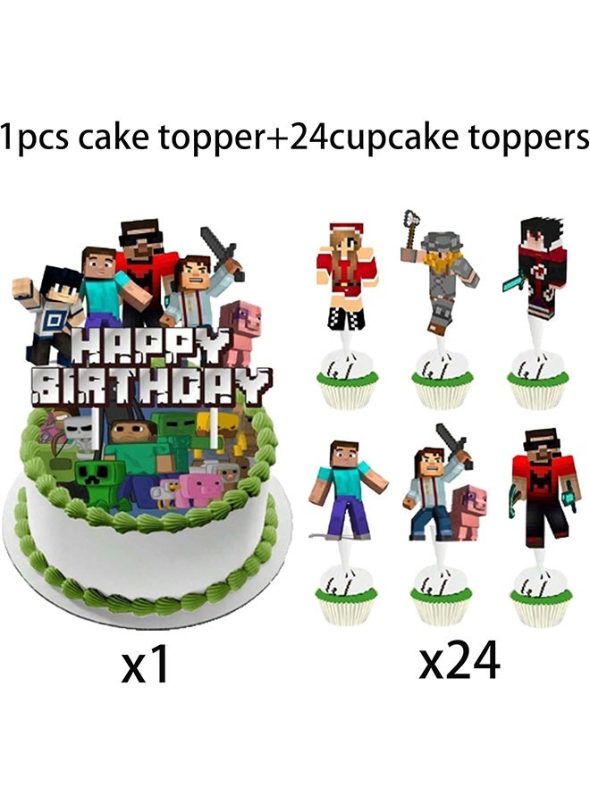 25 Pieces Minecraft Theme Birthday Decorations for Children's Birthday Supplies, Cake decoration Set for Girls Women Men Kids Baby - Image 3