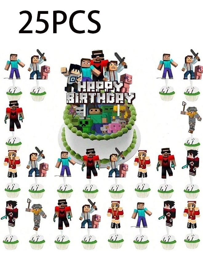25 Pieces Minecraft Theme Birthday Decorations for Children's Birthday Supplies, Cake decoration Set for Girls Women Men Kids Baby - Image 1