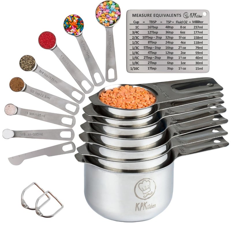 KPKitchen Stainless Steel Measuring Cups And Spoons Set Of 16-7 Cup & 7 Spoon + Conversion Chart & Leveler - Kitchen Measuring Spoons And Cups - Dry Measure Cups Stainless Steel & Baking Metal Measuring Cups - Image 1