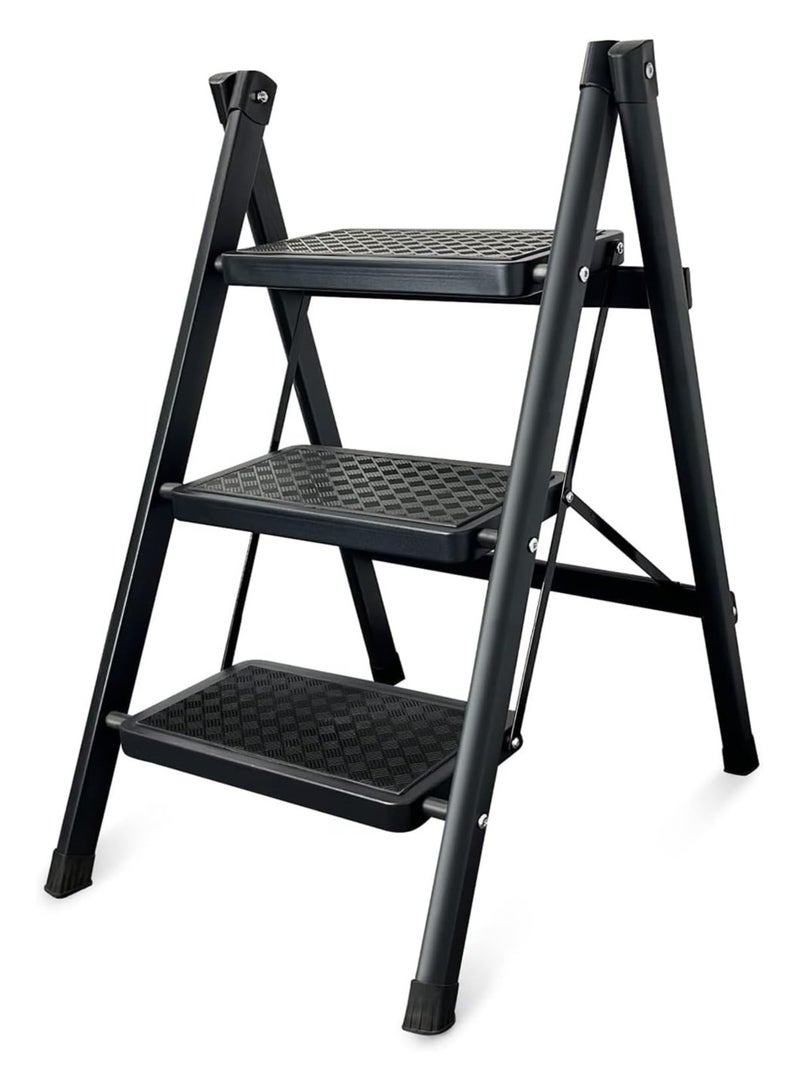 Folding Ladders for Home, 3 Treads, Portable Stool with Wide Non-Slip Pedal, Scissor Ladder Type for Home, Office, Library, Capacity of 150 kg (Black) - Image 1