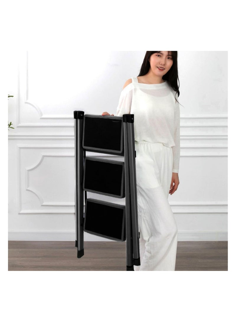 Folding Ladders for Home, 3 Treads, Portable Stool with Wide Non-Slip Pedal, Scissor Ladder Type for Home, Office, Library, Capacity of 150 kg (Black) - Image 2