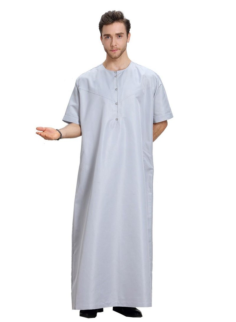 Loquat Men's Solid Color Round Neck Short Sleeve Abaya Thobe Islamic Arabic Kaftan Grey  - Image 1