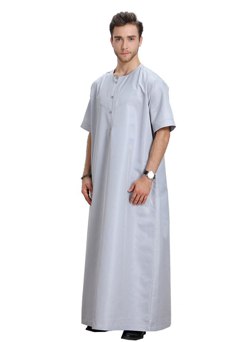 Loquat Men's Solid Color Round Neck Short Sleeve Abaya Thobe Islamic Arabic Kaftan Grey  - Image 2