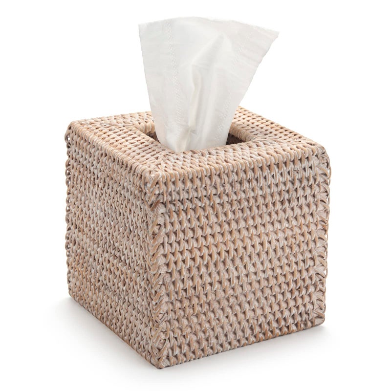 Rattan Tissue Box Cover Natural Woven Facial Napkin Holder Square White 55x55x59 Inch