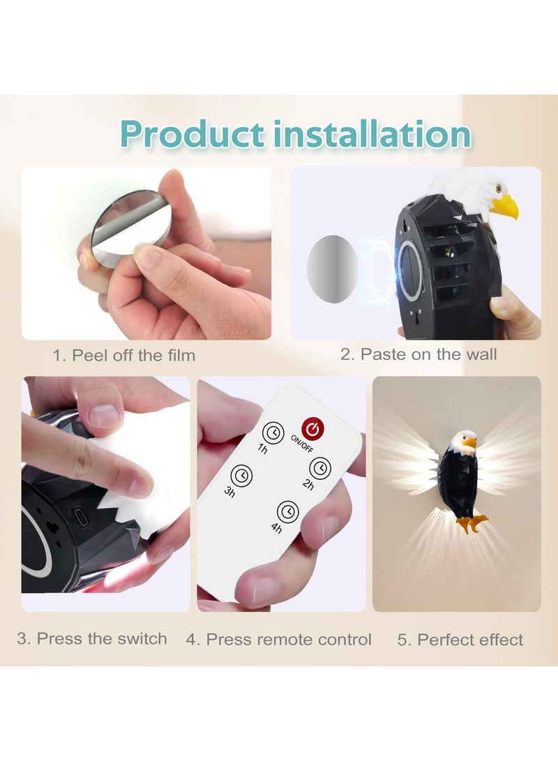 Bald Eagle Wall Light, American Animal Bird Wall Night Light, Magnetic Led Wall Mounted Eagle Lamp, with Remote Control, USB Charging, Battery Operated - Image 5