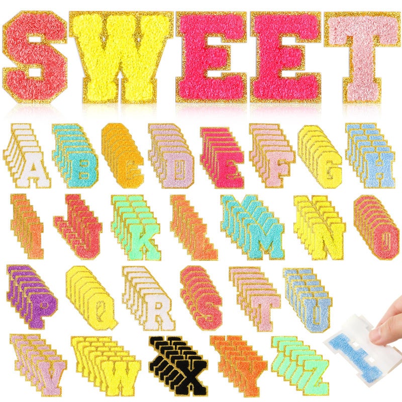 156 Pcs Chenille Letter Patches Iron on Glitter Self Adhesive Letters Chenille College Patches Iron On Letters for Clothing Embroidered Repair Multi ColorClassic Style