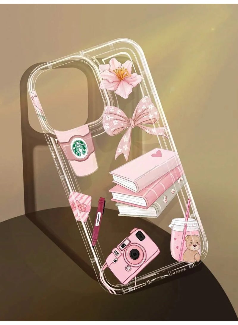 Shein Soft shockproof, scratch-resistant and drop-resistant phone case, made of transparent and airy materials, decorated with pink graphics and patterns such as book, pen, cup, camera, bow, flower, compatible with iPhone 13 - Image 1