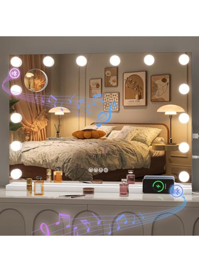 Hasipu Hollywood Vanity Mirror with Lights and Bluetooth Speaker 29 x 20 Makeup Mirror with 14 Dimmable LED Bulbs 3 Color Modes 5X Magnifying Glass Touch Control USB and TypeC Tempered Glass - Image 1